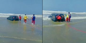 Karachi: Family stranded in jeep at Seaview rescued after 2 hours