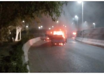 Angry mob torch five trucks after water tanker claims another life near Jail Chowrangi